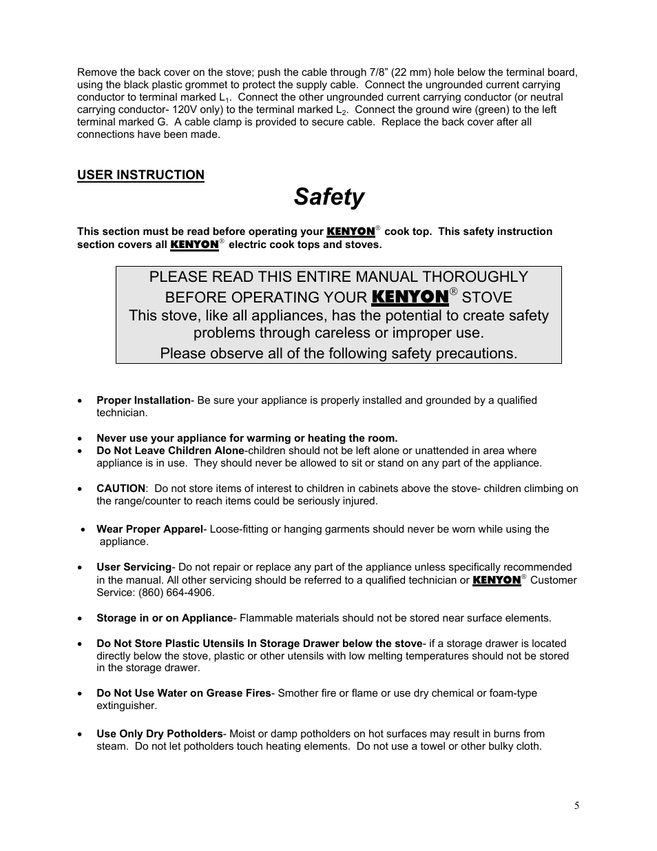 Safety, Kenyon | Kenyon 436 User Manual | Page 5 / 12