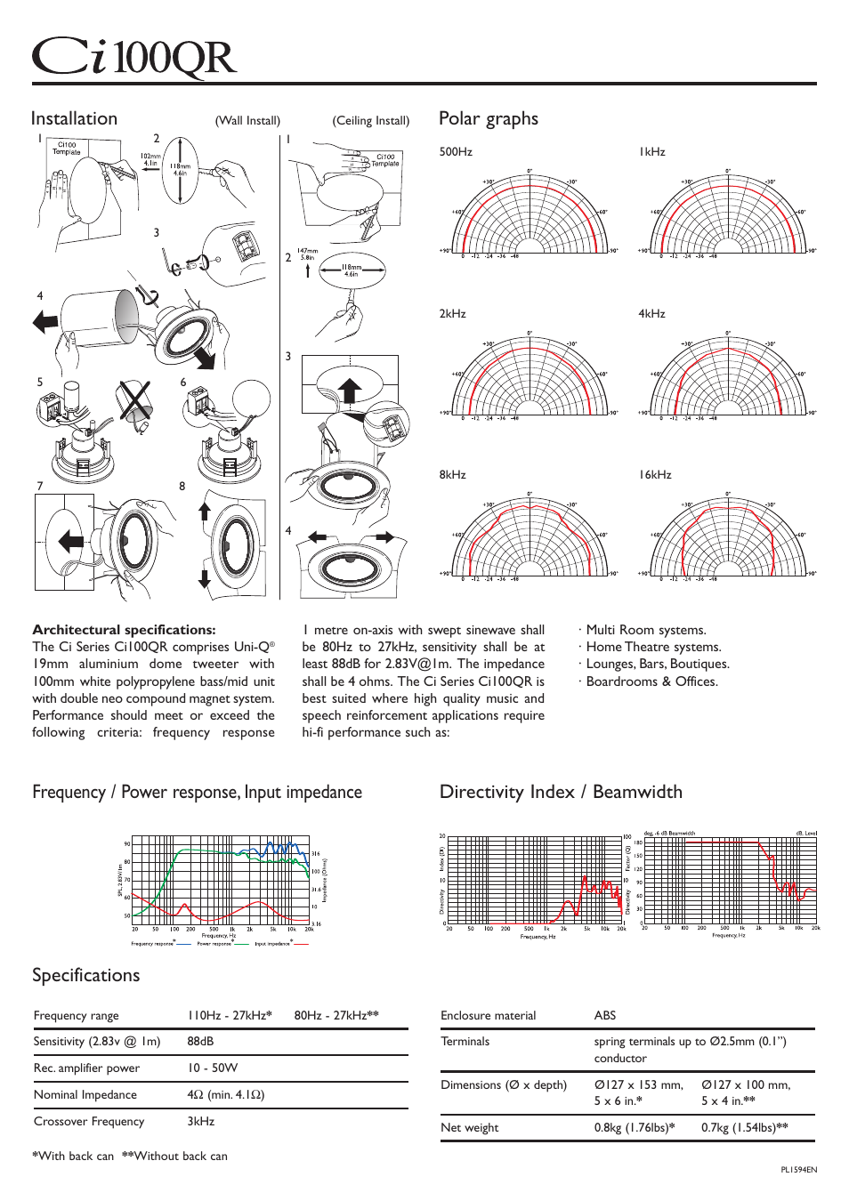 Specifications | KEF Audio KEF Ci 100QR User Manual | Page 2 / 2