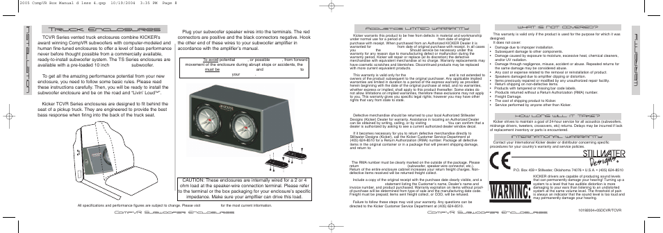 Warning, Truck enclosures, 7warran ty | 6installa tion | Kicker COMPVR TCVR10 User Manual | Page 4 / 4