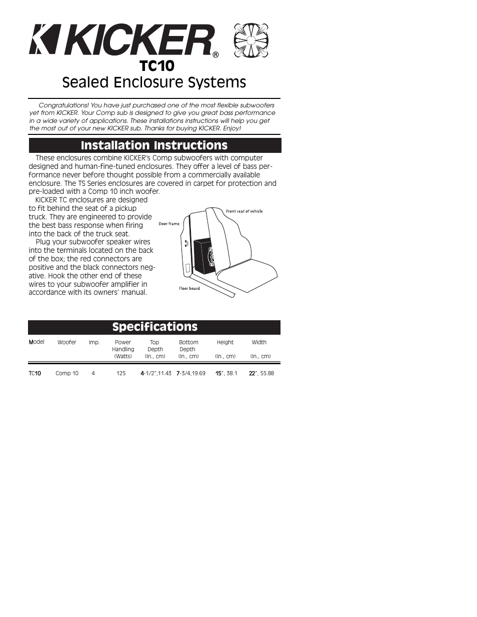 Kicker TC10 User Manual | 2 pages