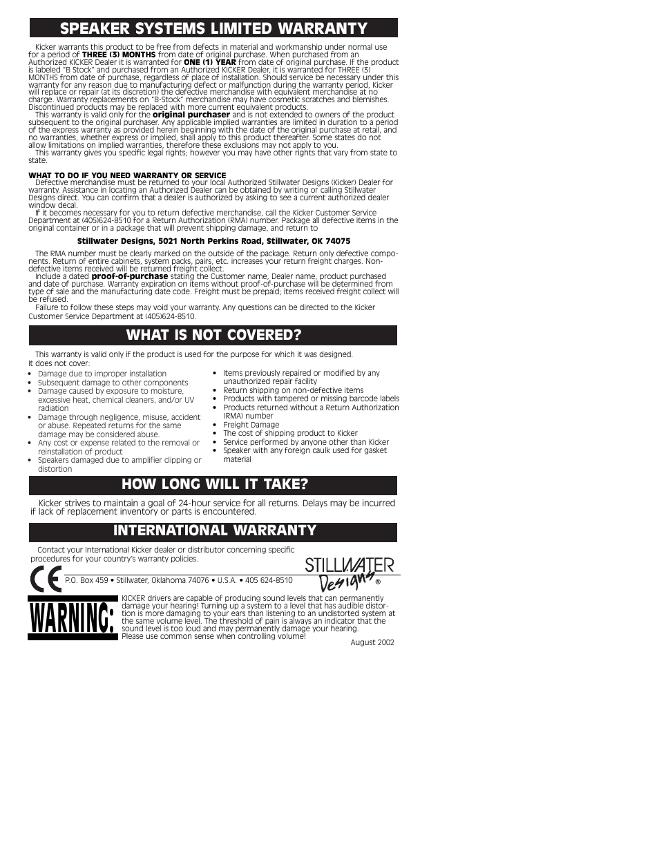 Warning, Speaker systems limited warranty, How long will it take | International warranty, What is not covered | Kicker TC10 User Manual | Page 2 / 2