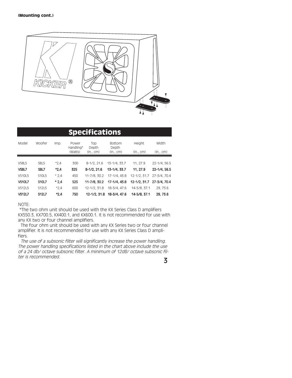 Specifications 3 | Kicker VS12L5  EN User Manual | Page 3 / 4