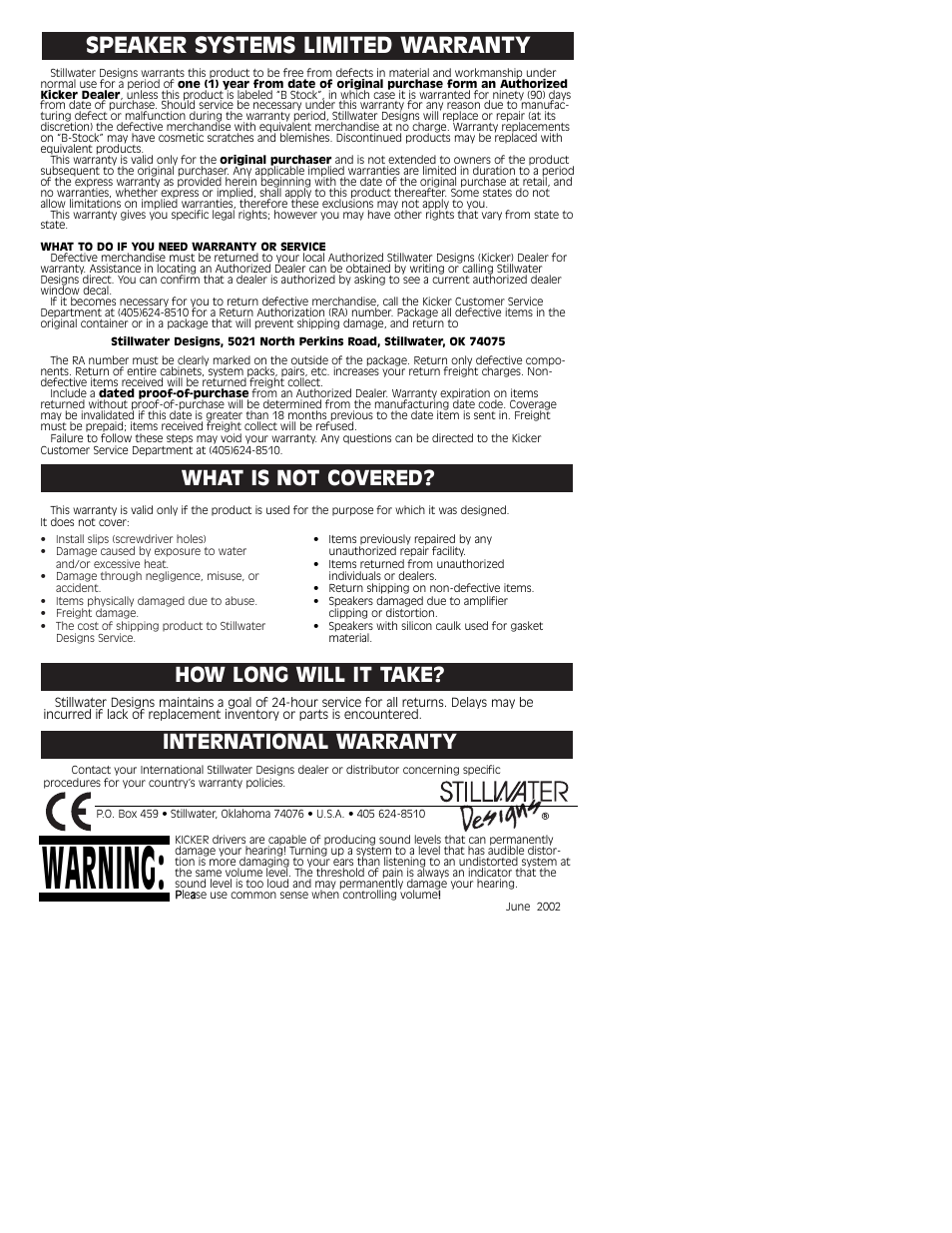 Warning, Speaker systems limited warranty, How long will it take | International warranty, What is not covered | Kicker VS12L5  EN User Manual | Page 4 / 4