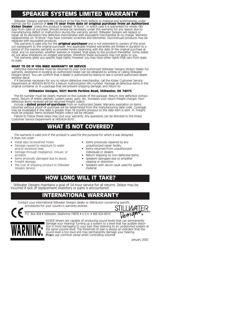 Warning, Speaker systems limited warranty, How long will it take | International warranty, What is not covered | Kicker RMB8 User Manual | Page 4 / 4