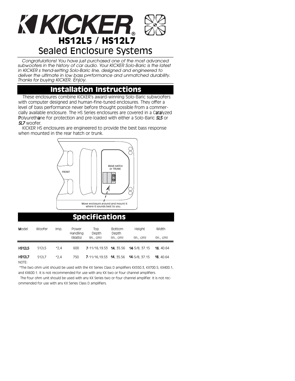 Kicker HS12L5 User Manual | 4 pages