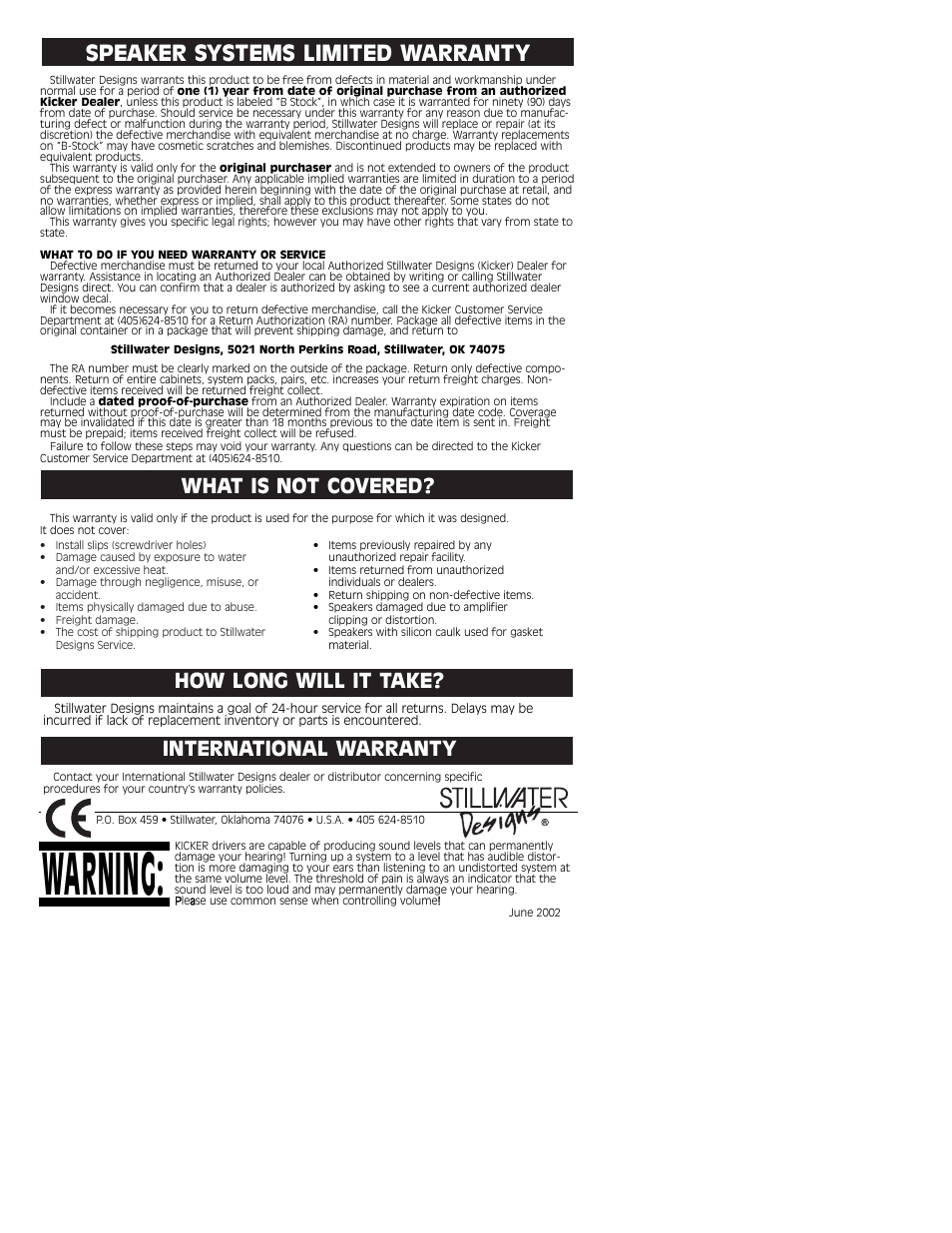 Warning, Speaker systems limited warranty, How long will it take | International warranty, What is not covered | Kicker HS12L5 User Manual | Page 3 / 4