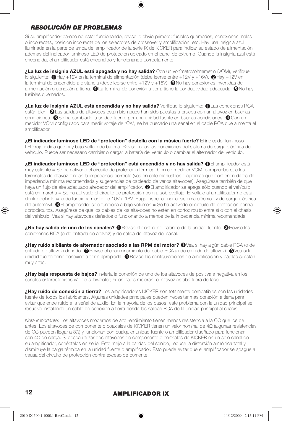 Kicker IX AMPLIFIER 10IX1000.1 User Manual | Page 12 / 28