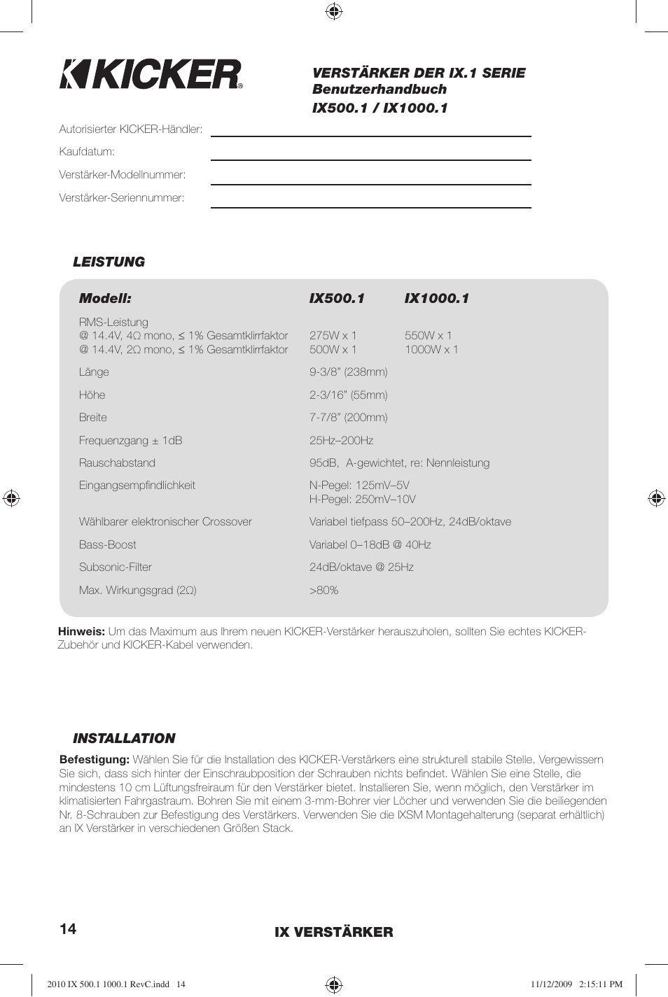 Kicker IX AMPLIFIER 10IX1000.1 User Manual | Page 14 / 28