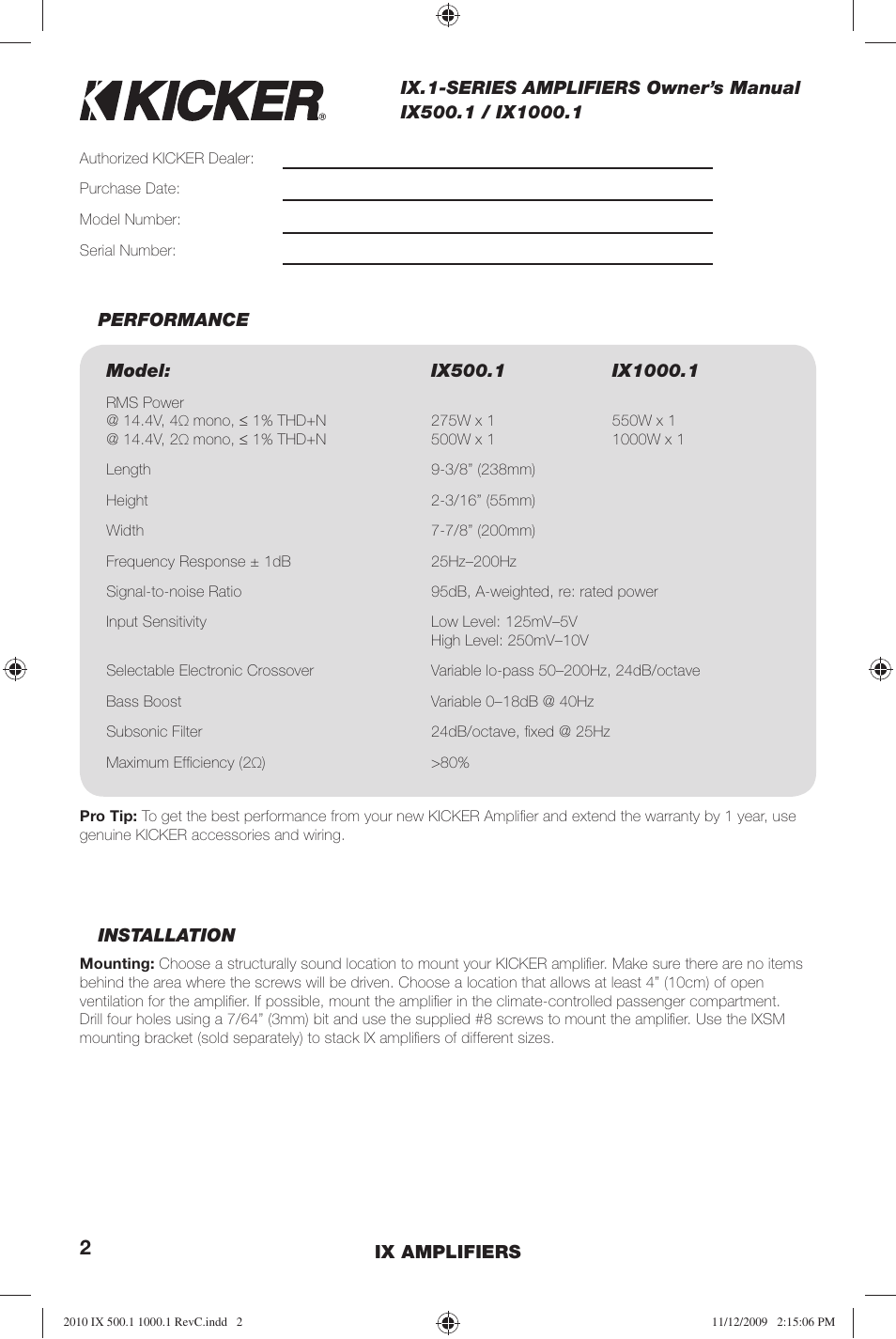 Kicker IX AMPLIFIER 10IX1000.1 User Manual | Page 2 / 28