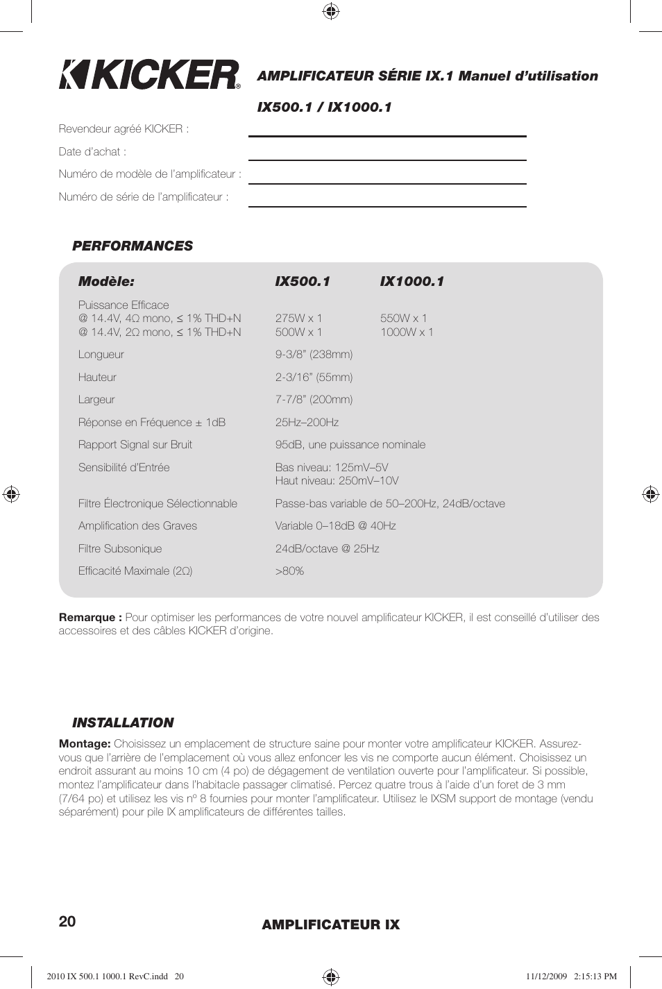 Kicker IX AMPLIFIER 10IX1000.1 User Manual | Page 20 / 28