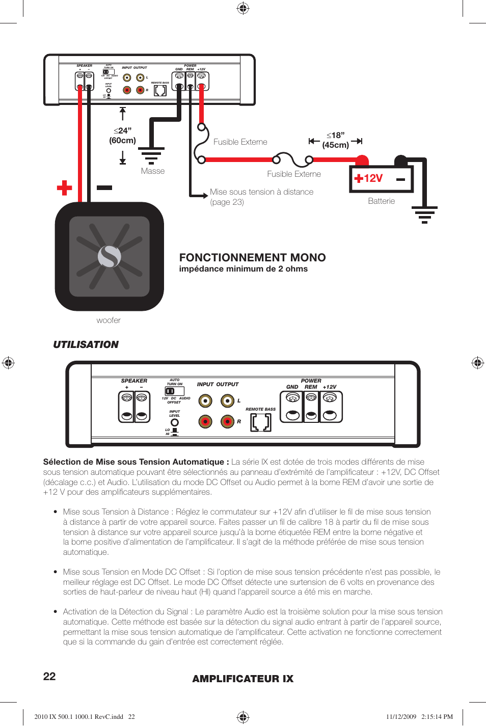 Fonctionnement mono, Amplificateur ix, Utilisation | Impédance minimum de 2 ohms | Kicker IX AMPLIFIER 10IX1000.1 User Manual | Page 22 / 28