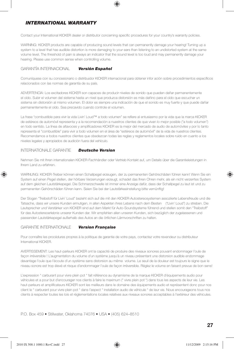 International warranty | Kicker IX AMPLIFIER 10IX1000.1 User Manual | Page 27 / 28