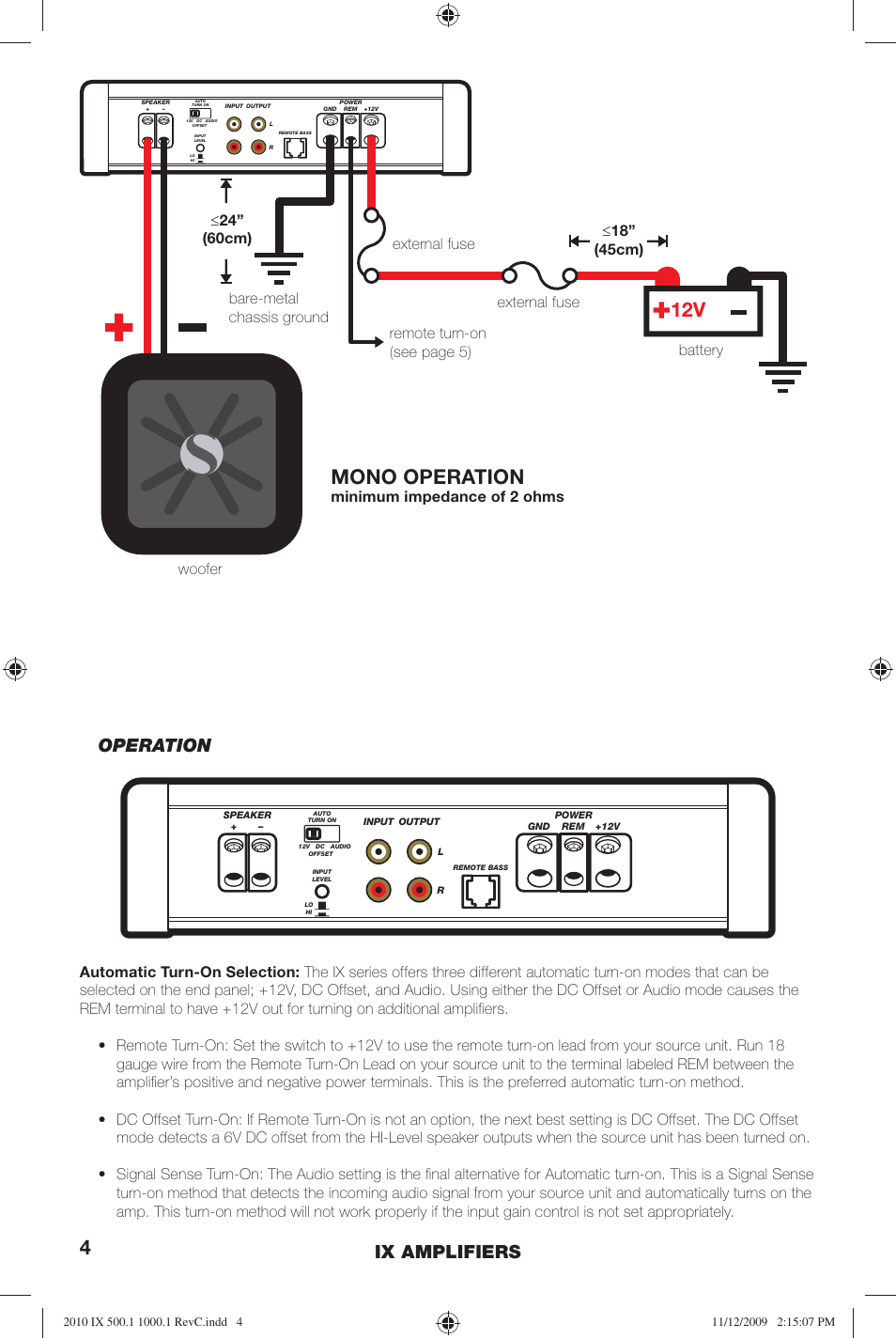 Mono operation, Ix amplifiers operation, Minimum impedance of 2 ohms woofer | Kicker IX AMPLIFIER 10IX1000.1 User Manual | Page 4 / 28