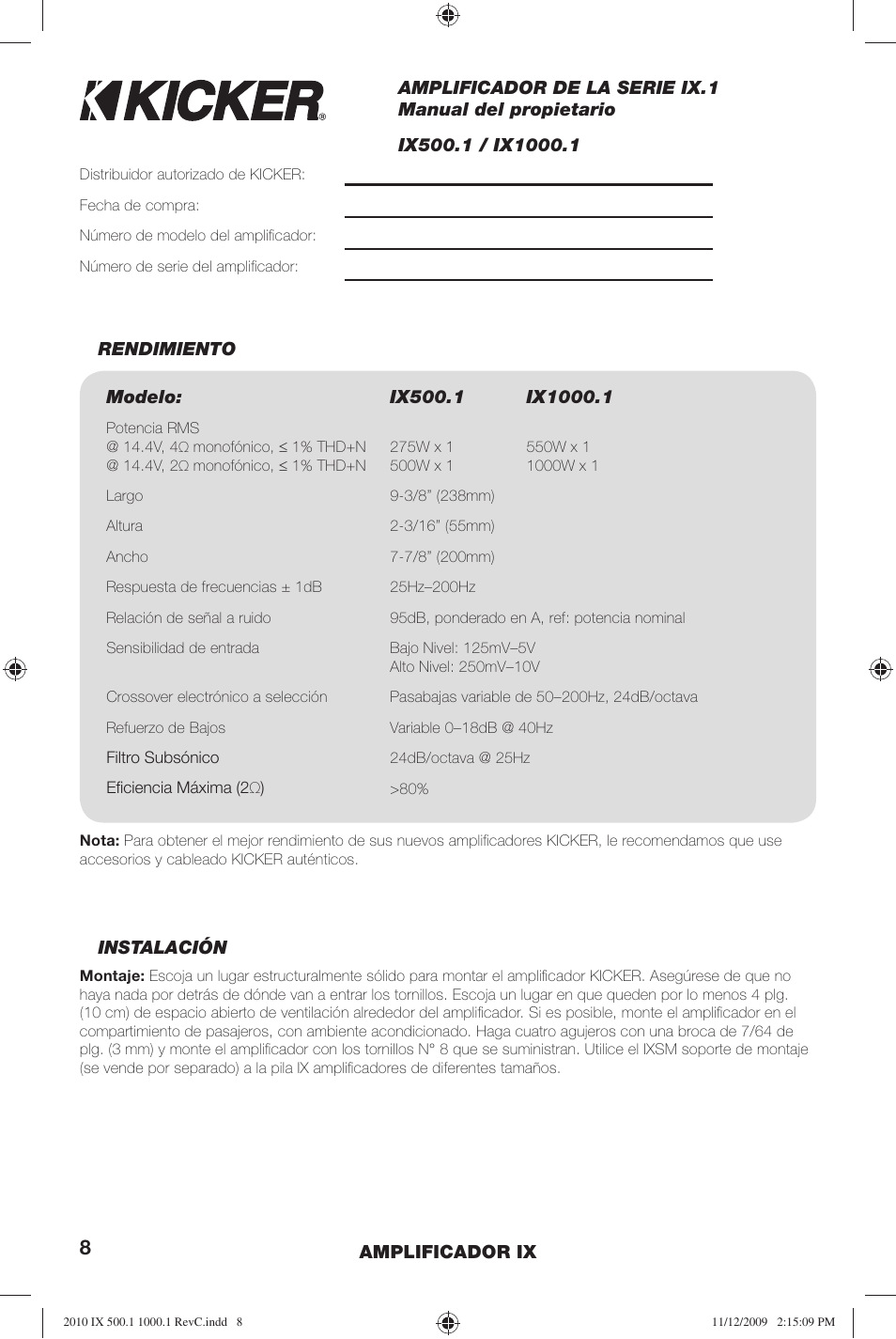 Kicker IX AMPLIFIER 10IX1000.1 User Manual | Page 8 / 28