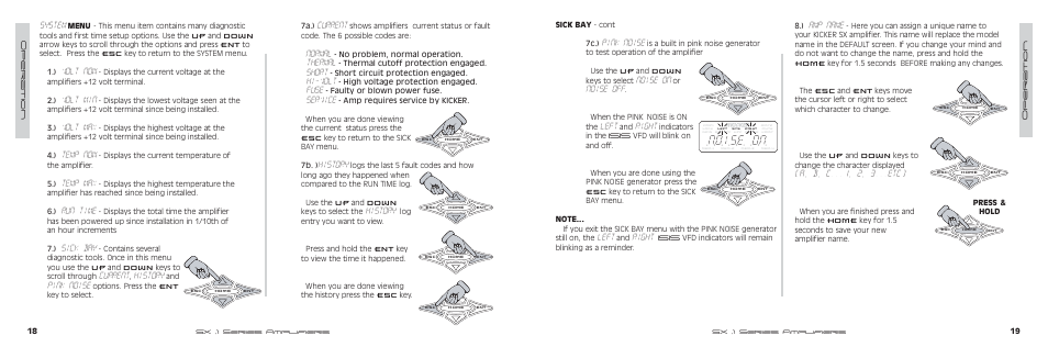 Pink noise, Noise on, Noise off | Left, Right, Amp name, A, b, c , 2, 3...etc), System, Volt now, Volt min | Kicker SX SERIES SX650.1 User Manual | Page 10 / 20