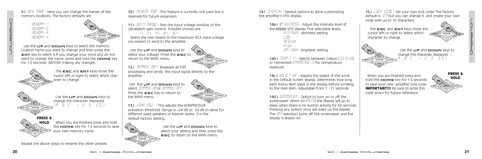 Display, Brightness, Minimum | Low medium high maximum, Temp c/f, Celsius, Fahrenheit, Hold time, Scrnsaver, Auto | Kicker SX SERIES SX650.1 User Manual | Page 11 / 20