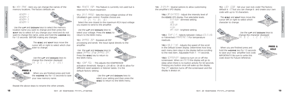 Display, Brightness, Minimum | Low medium high maximum, Temp c/f, Celsius, Fahrenheit, Hold time, Scrnsaver, Auto | Kicker SX500.2 User Manual | Page 10 / 20