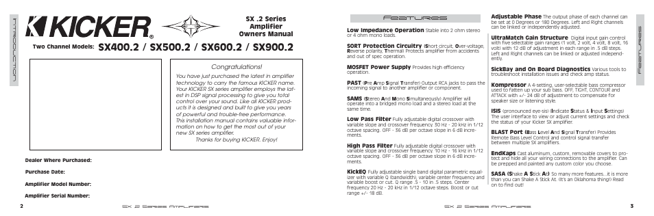 Features, Sx .2 series amplifier owners manual, Attention | Kicker SX500.2 User Manual | Page 2 / 20