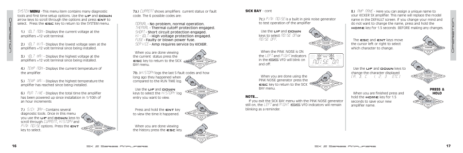 Pink noise, Noise on, Noise off | Left, Right, Amp name, A, b, c , 2, 3...etc), System, Volt now, Volt min | Kicker SX500.2 User Manual | Page 9 / 20