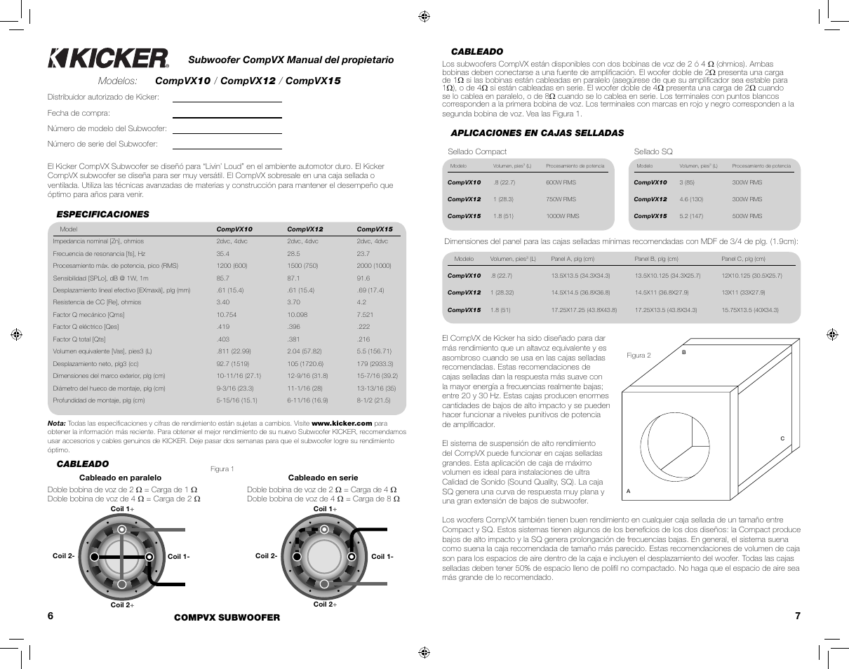Subwoofer compvx manual del propietario | Kicker CVX COMPVX10 User Manual | Page 4 / 11