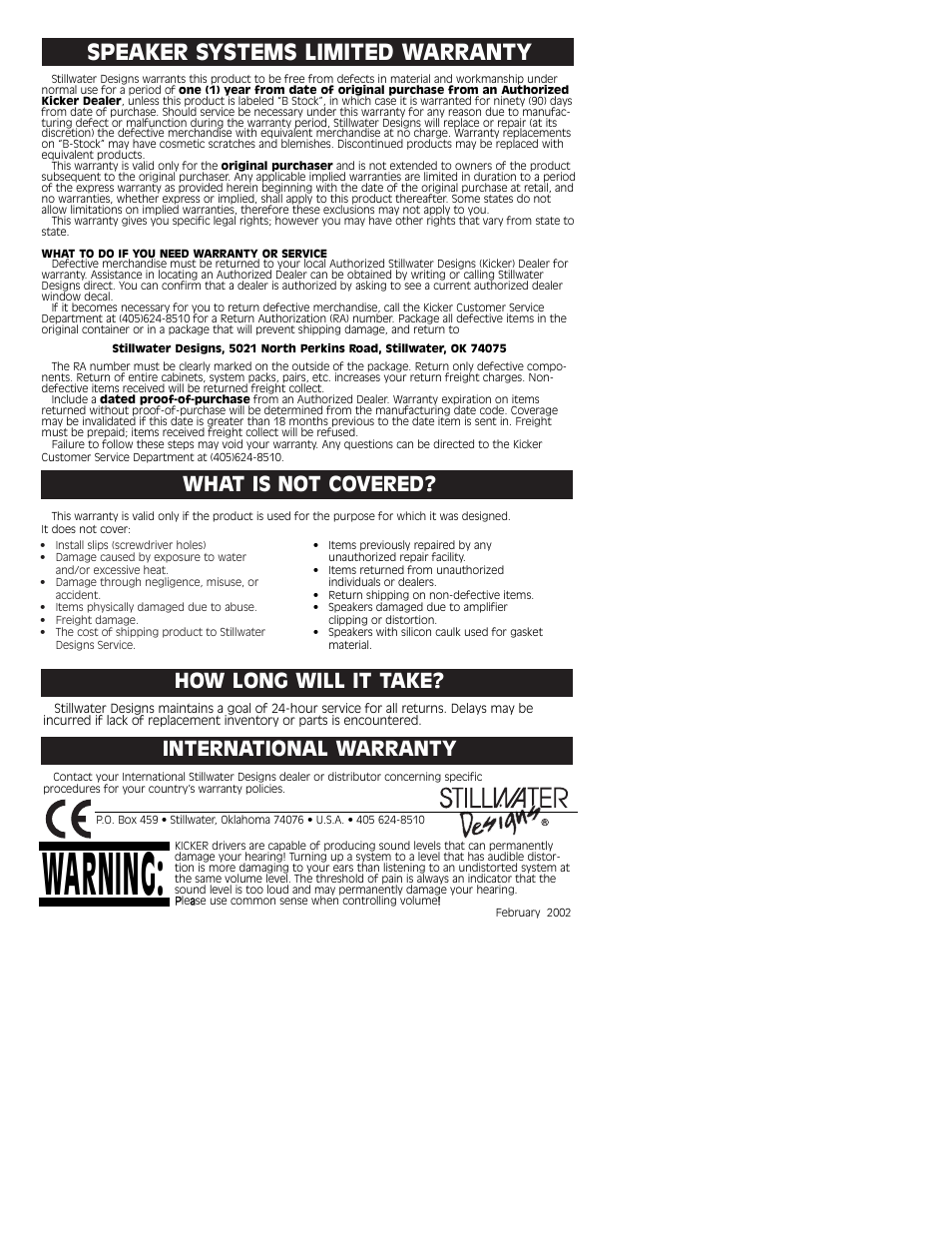 Warranty info, Warning, Speaker systems limited warranty | How long will it take, International warranty, What is not covered | Kicker ST SERIES ST800 User Manual | Page 2 / 2