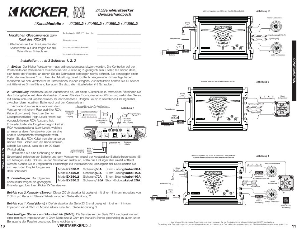 Hi-level input + - - + off hi lo, Installation . . . in 3 schritten 1, 2, 3, Herzlichen glueckwunsch zum kauf des kicker | Kicker ZX350.2 User Manual | Page 6 / 10