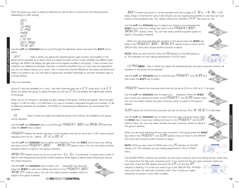 Gain, Lo-pass, Hi-pass | Phase, Mute, Limiter, Gain range, Noise gen, Frequency, Boost | Kicker 08WXRC User Manual | Page 10 / 21