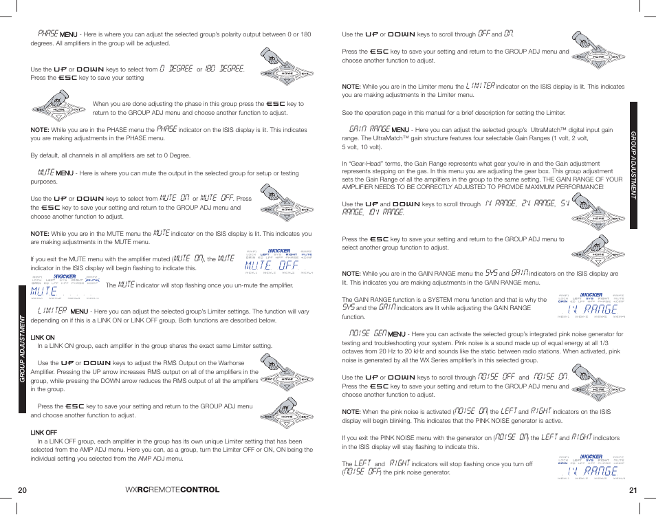 Phase, 0 degree, 180 degree | Mute, Mute on, Mute off, Limiter, Gain range, 1v range, 2v range | Kicker 08WXRC User Manual | Page 11 / 21