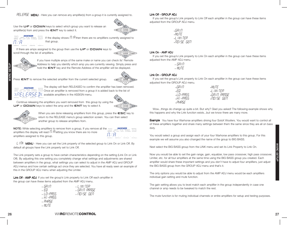 Release, Link, Gain | Lo-pass, Hi-pass, Phase, Mute, Limiter, Gain range, Noise gen | Kicker 08WXRC User Manual | Page 14 / 21