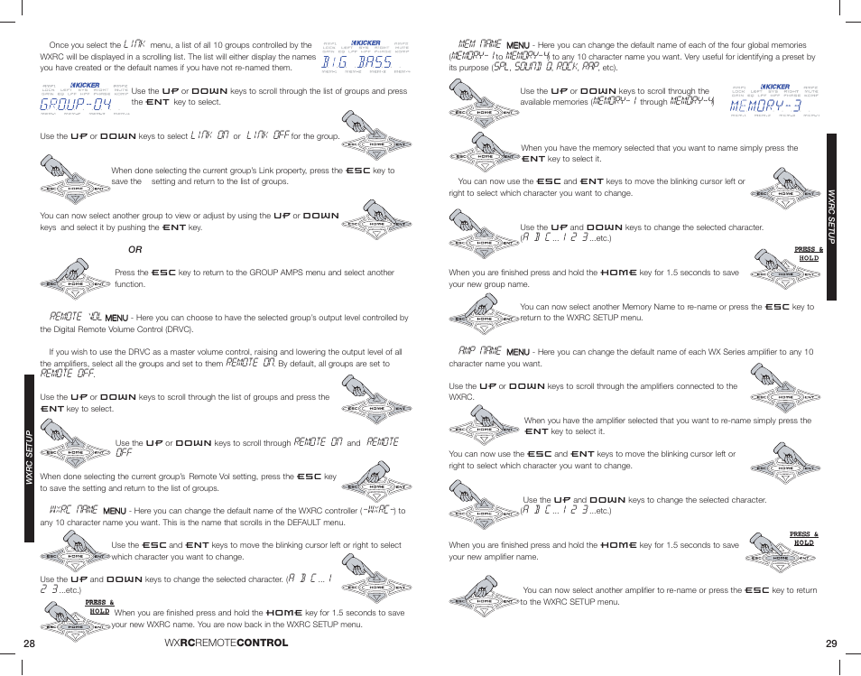 Link, Link on, Link off | Remote vol, Remote on, Remote off, Wxrc name, Wxrc, A b c, Mem name | Kicker 08WXRC User Manual | Page 15 / 21