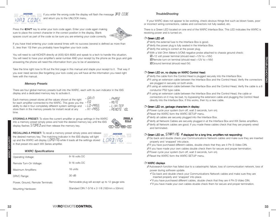 Bad code, Stored, Loading | Gain, Lo-pass, Hi-pass, Phase, Mute, Limiter, Remote vol | Kicker 08WXRC User Manual | Page 17 / 21