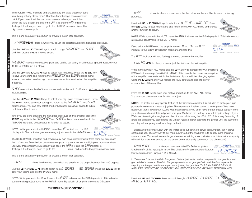 Hi-pass, Frequency, Slope | Phase, 0 degree, 180 degree, Mute, Mute on, Mute off, Limiter | Kicker 08WXRC User Manual | Page 8 / 21