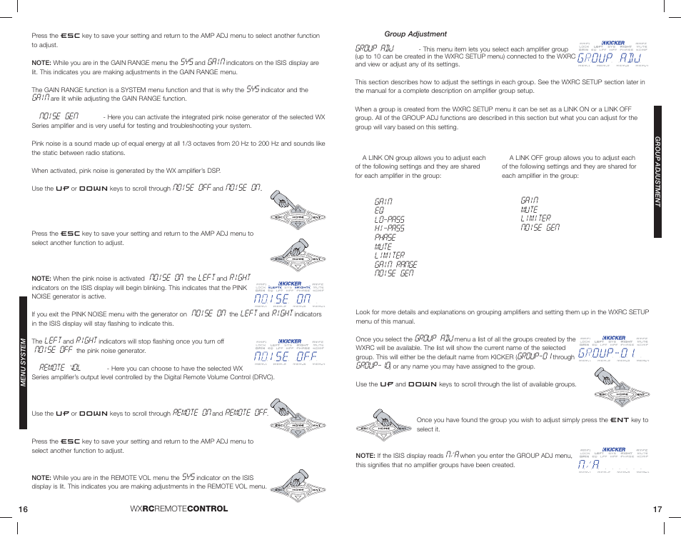 Gain, Noise gen, Noise off | Noise on, Left, Right, Remote vol, Remote on, Remote off, Group adj | Kicker 08WXRC User Manual | Page 9 / 21