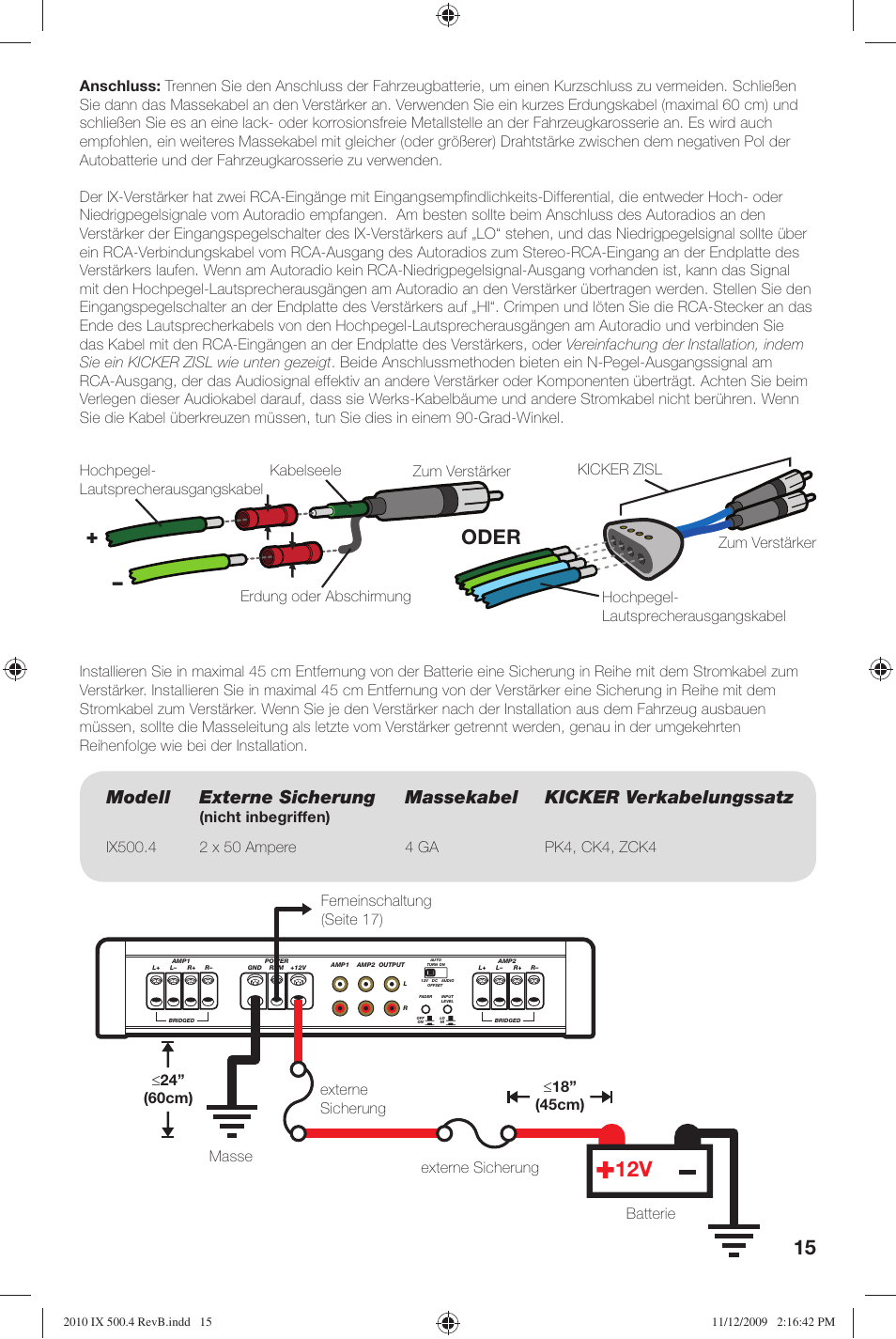 Oder, Modell externe sicherung, Massekabel kicker verkabelungssatz | Nicht inbegriffen) | Kicker IX Amplifier 10IX500.4 User Manual | Page 15 / 28
