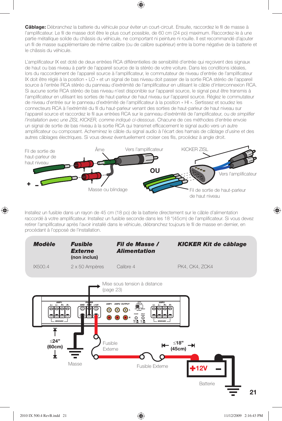 Modèle fusible externe, Fil de masse / alimentation kicker kit de câblage, Non inclus) | Kicker IX Amplifier 10IX500.4 User Manual | Page 21 / 28