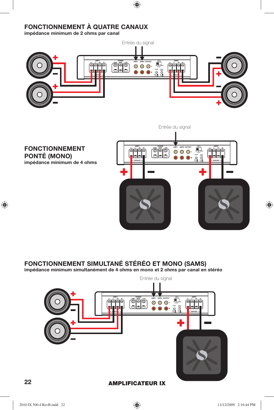 Fonctionnement à quatre canaux, Fonctionnement ponté (mono), Fonctionnement simultané stéréo et mono (sams) | Amplificateur ix, Entrée du signal, Impédance minimum de 2 ohms par canal, Impédance minimum de 4 ohms | Kicker IX Amplifier 10IX500.4 User Manual | Page 22 / 28