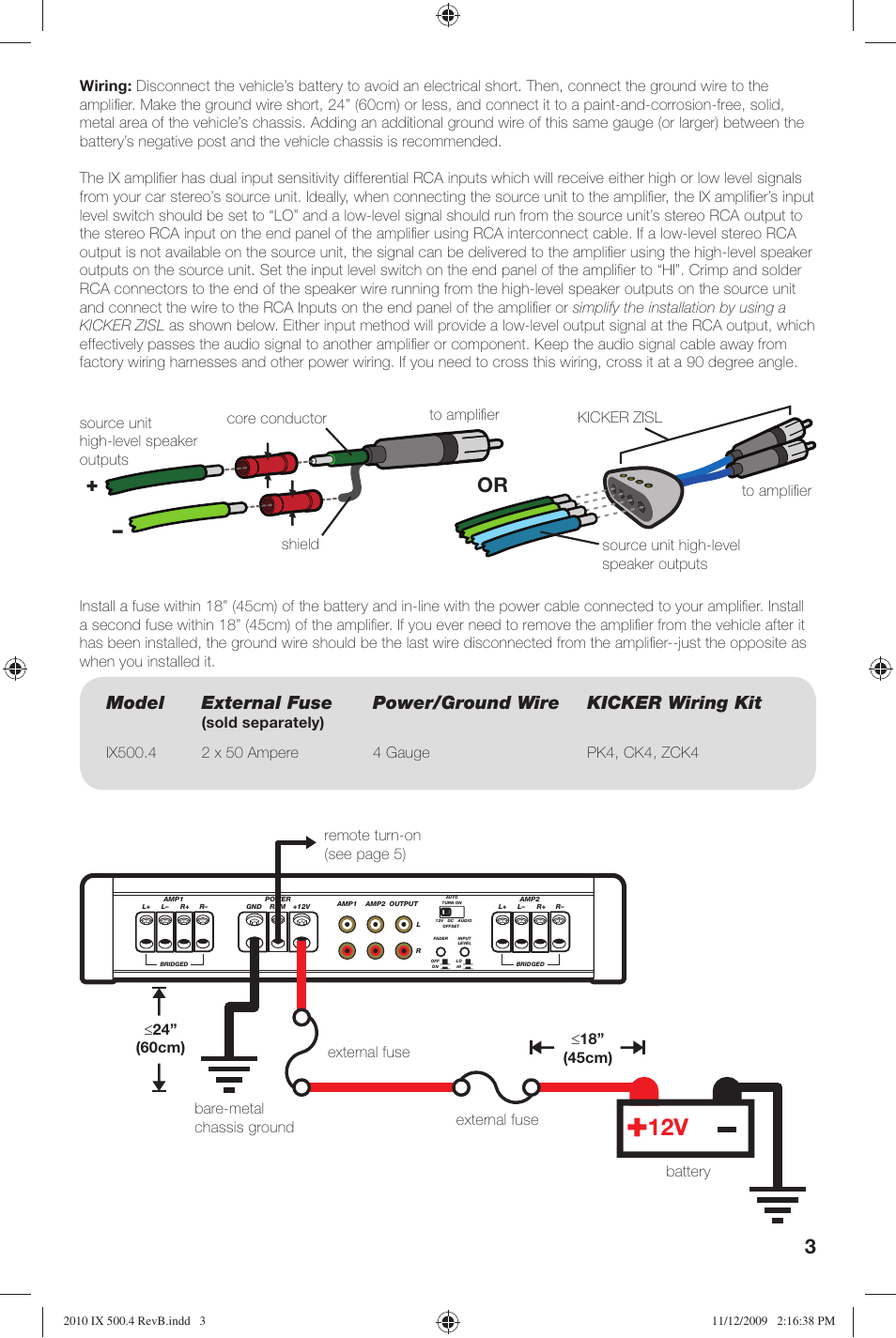Model external fuse, Power/ground wire kicker wiring kit, Sold separately) | Kicker IX Amplifier 10IX500.4 User Manual | Page 3 / 28