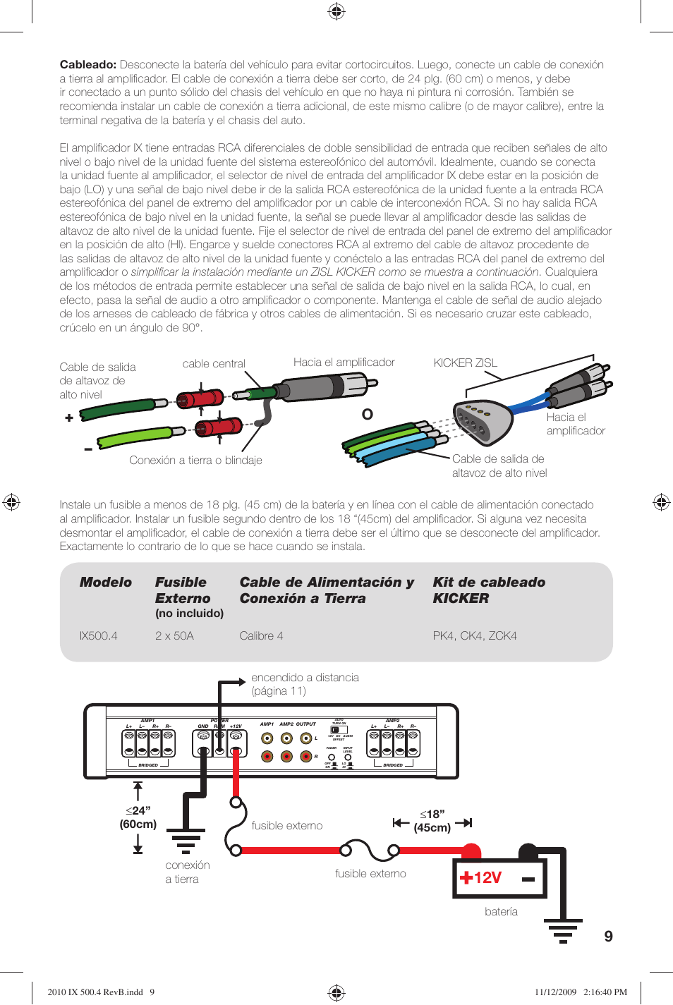 Modelo fusible externo, No incluido) | Kicker IX Amplifier 10IX500.4 User Manual | Page 9 / 28