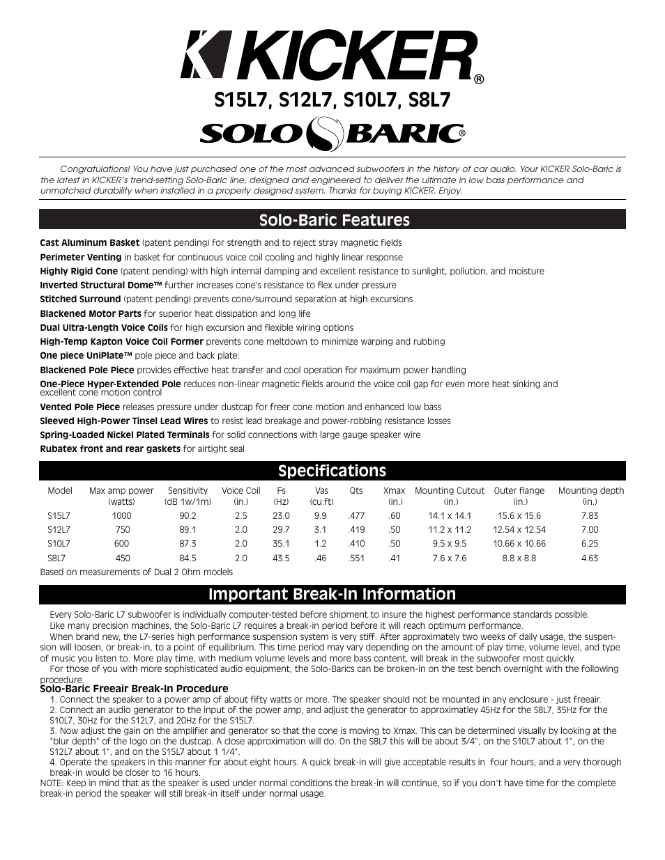 Kicker SOLO-BARIC S12L7 User Manual | 8 pages