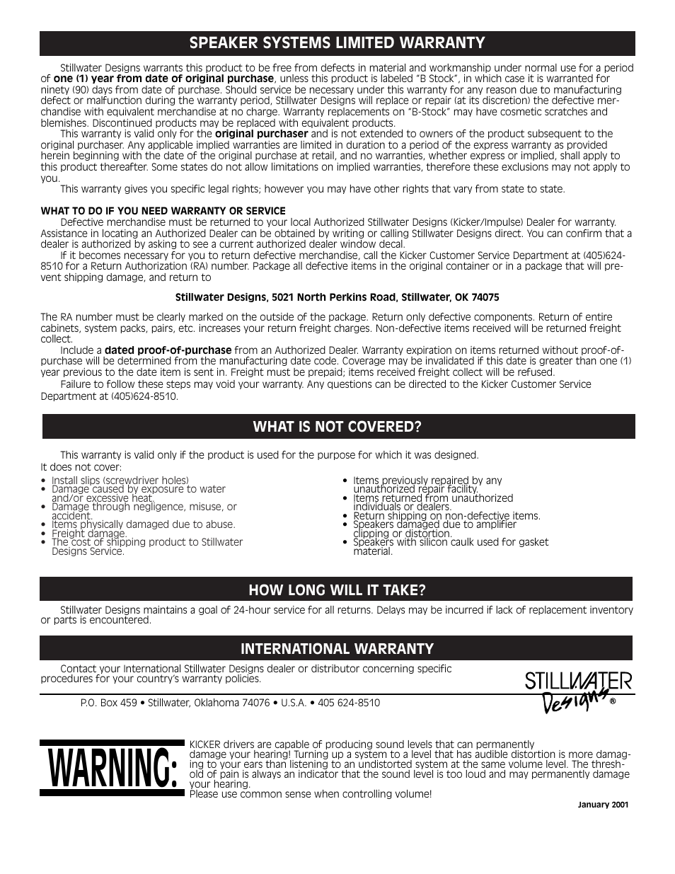 Warning, Speaker systems limited warranty, How long will it take | International warranty, What is not covered | Kicker SOLO-BARIC S12L7 User Manual | Page 8 / 8
