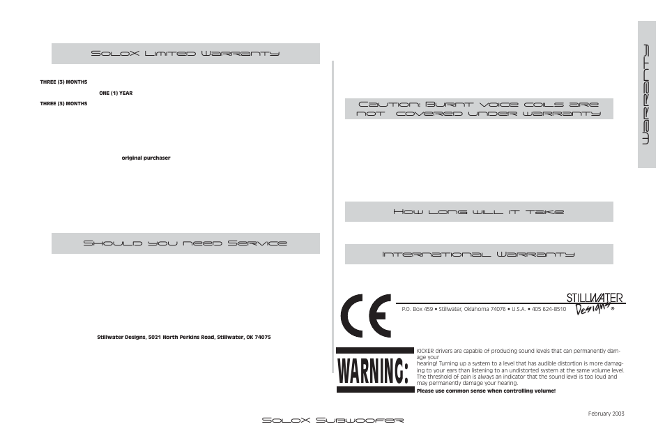Warning, Warran ty | Kicker SUBWOOFER SOLOX User Manual | Page 12 / 14