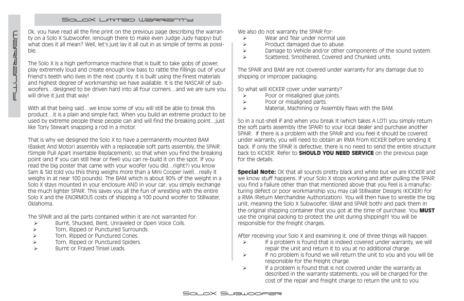 Warran ty | Kicker SUBWOOFER SOLOX User Manual | Page 13 / 14