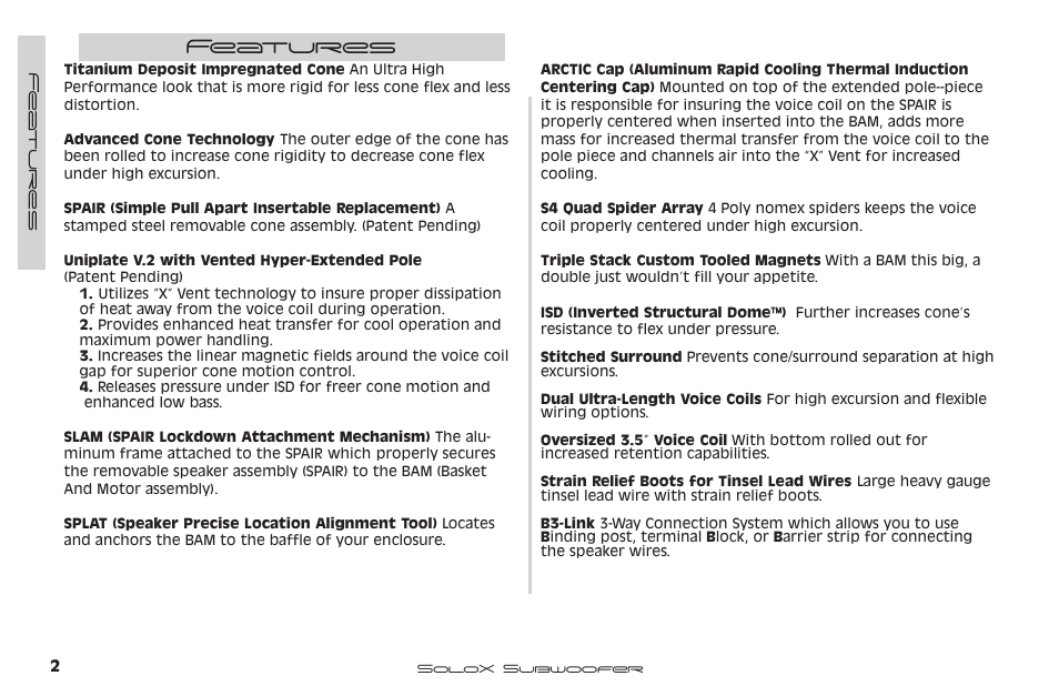 Features | Kicker SUBWOOFER SOLOX User Manual | Page 3 / 14