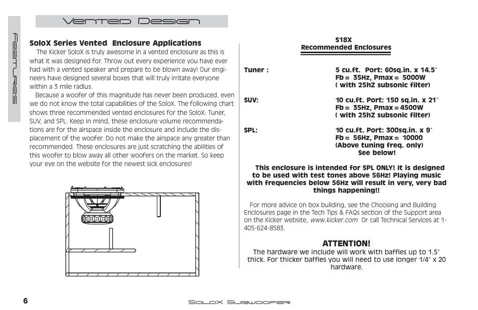 Vented design, Attention | Kicker SUBWOOFER SOLOX User Manual | Page 7 / 14