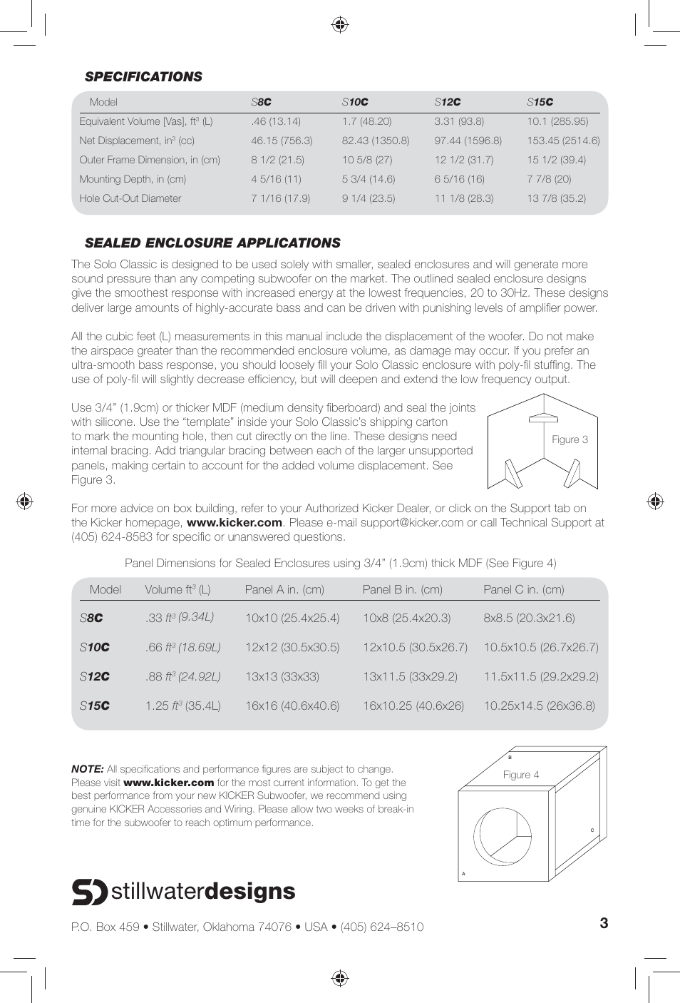 Stillwater designs, Specifications sealed enclosure applications | Kicker SOLOCLASSIC S12C User Manual | Page 3 / 12