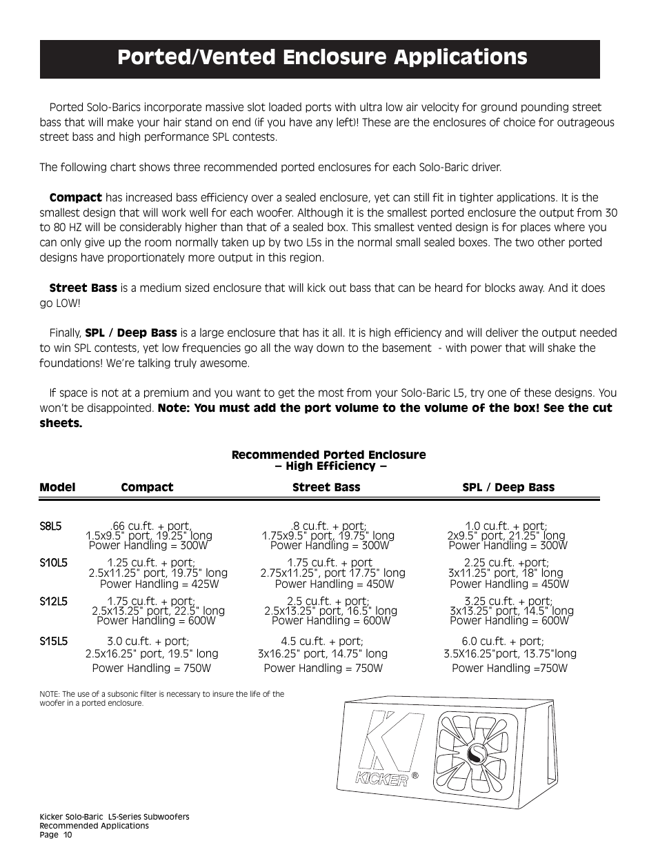 Ported/vented enclosure applications | Kicker L5 User Manual | Page 10 / 36