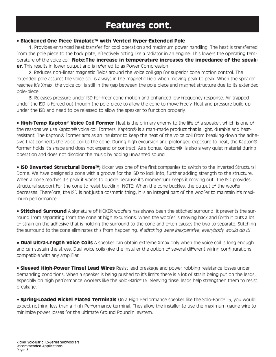 Features cont | Kicker L5 User Manual | Page 3 / 36