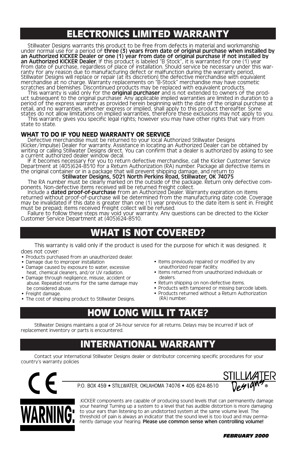 Warning, Electronics limited warranty, What is not covered | How long will it take, International warranty | Kicker ZX460 User Manual | Page 12 / 12