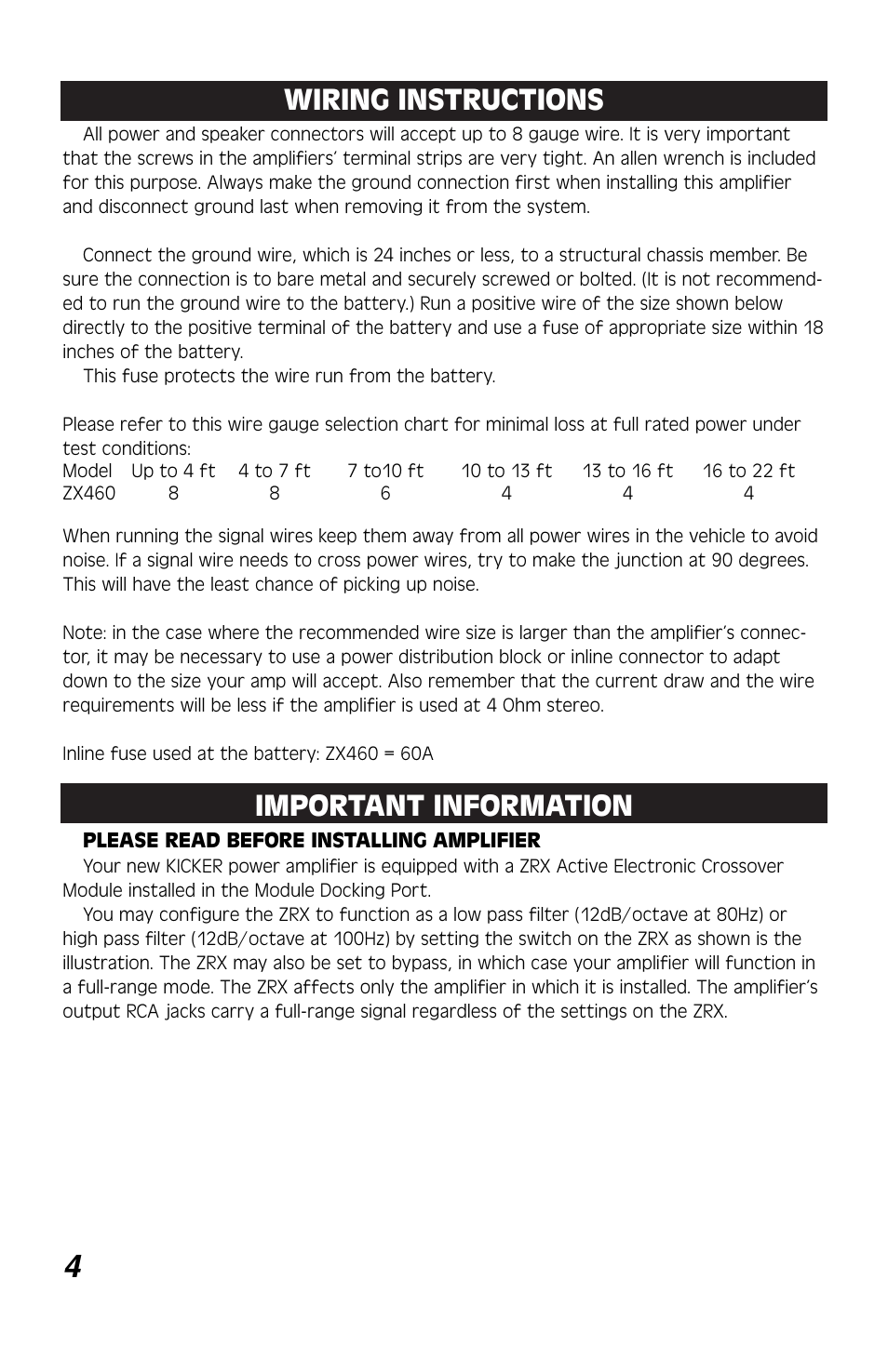 Wiring instructions, Important information | Kicker ZX460 User Manual | Page 4 / 12