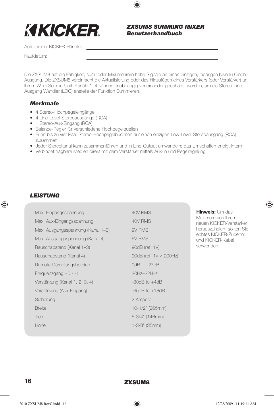 Kicker ZXSUM8 User Manual | Page 16 / 32